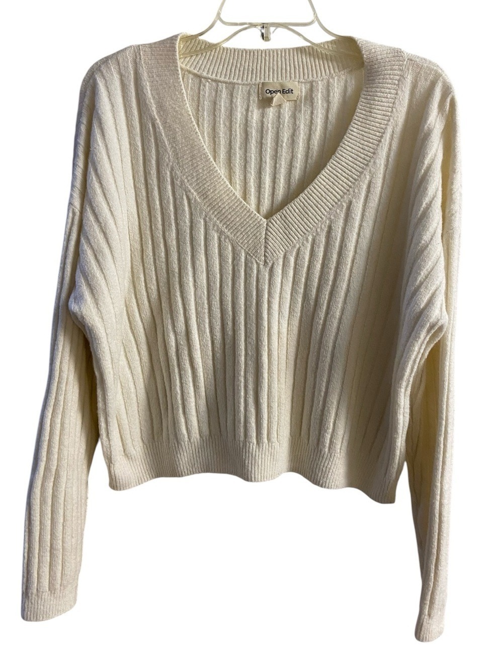 Open Edit Cream Rib Knit V-Neck Sweater wool blend boxy Medium